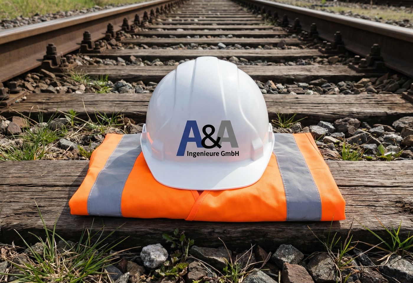 Schutzhelm mit A&A-Logo auf einer Warnweste auf einer Bahnschwelle