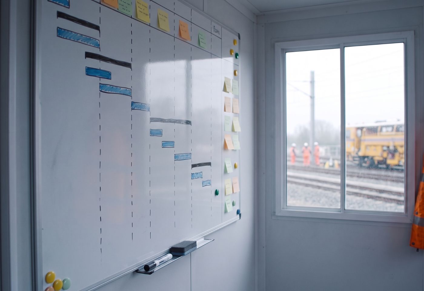 Whiteboard mit Bauzeitenplan im Baucontainer, dahinter eine Gleisbaustelle