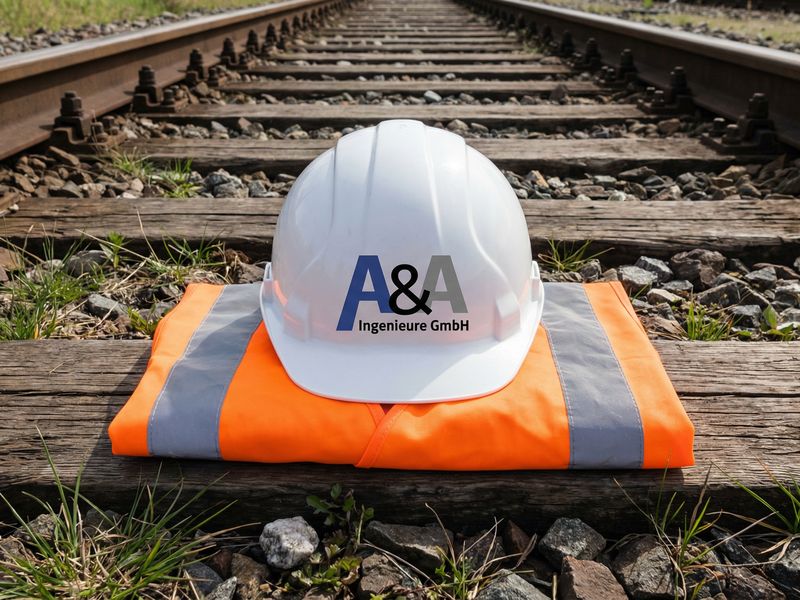 Schutzhelm mit A&A-Logo auf einer Bahnschwelle