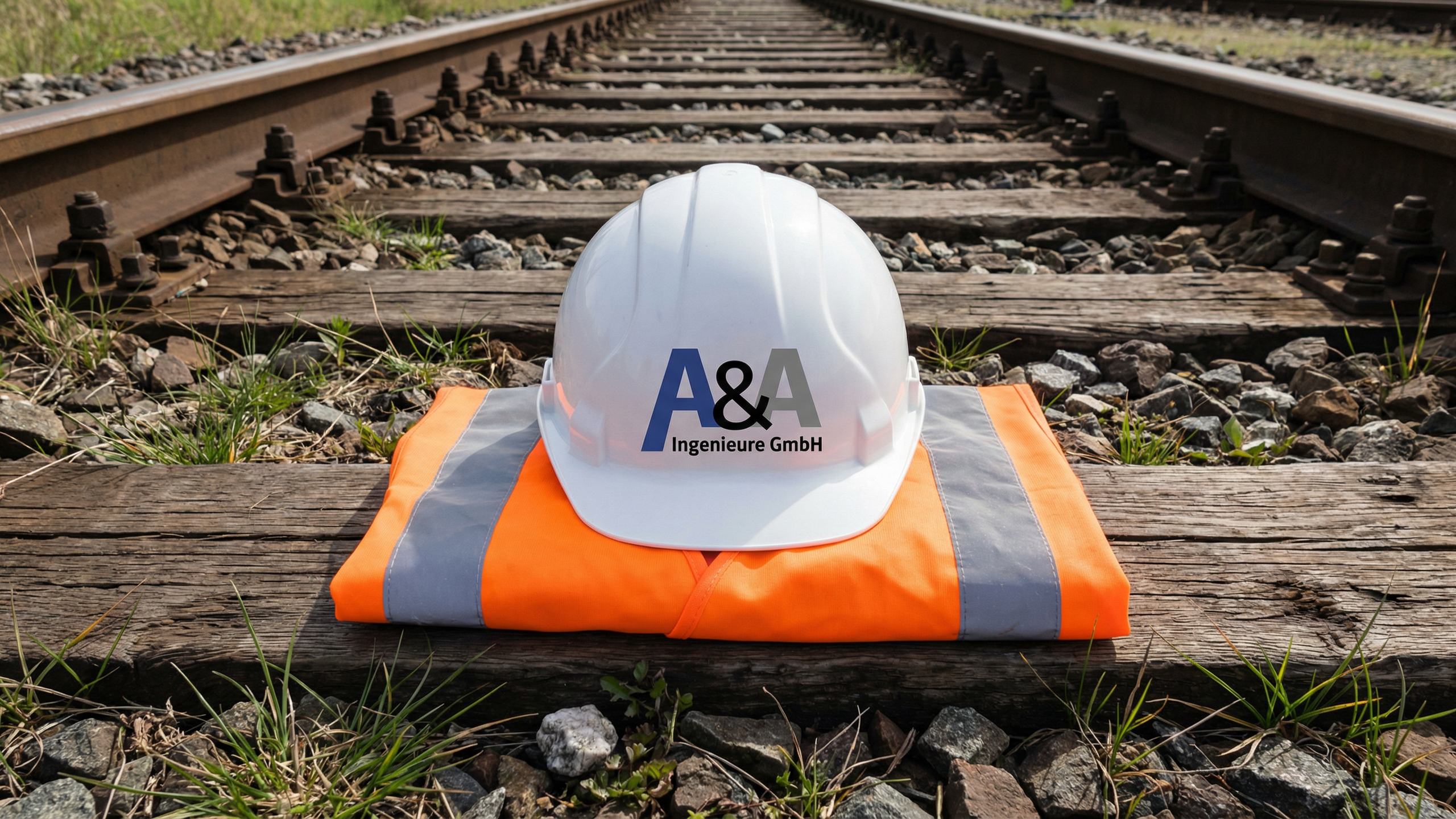 Schutzhelm mit A&A-Logo auf einer Bahnschwelle