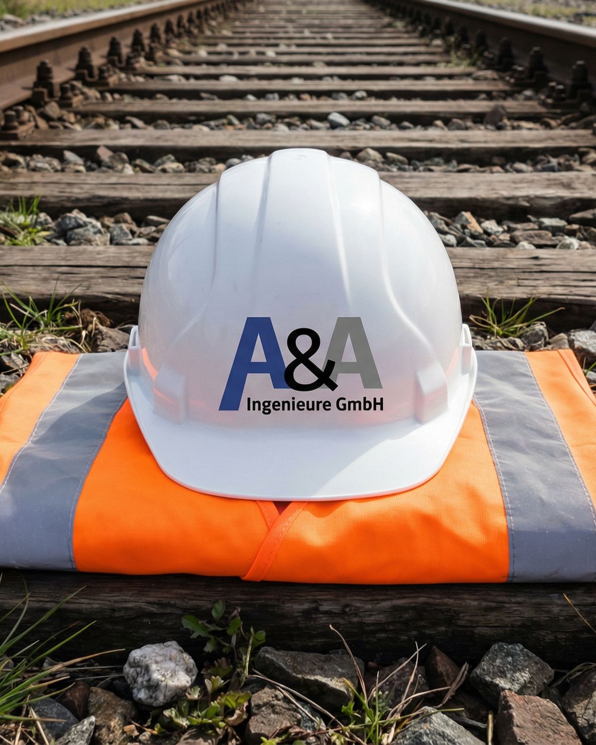 Schutzhelm mit A&A-Logo auf einer Warnweste auf einer Bahnschwelle